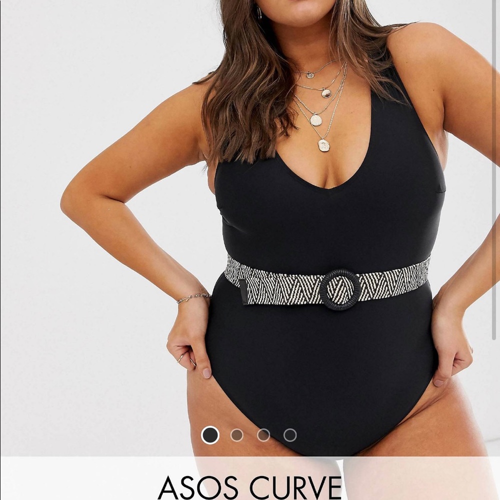 ASOS Design curve weave belt plunge neck swimsuit